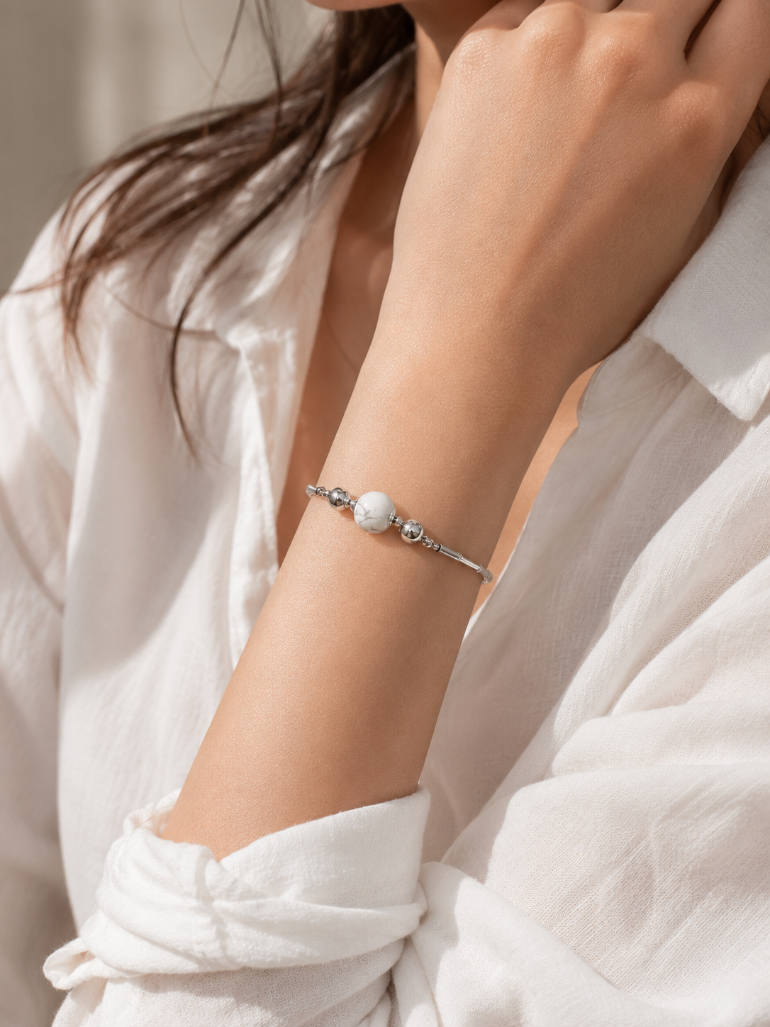 White Turqoise Bracelet with Mood Calendar - Titanium Chain
