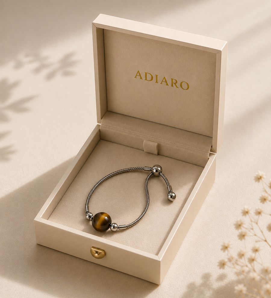 Adiaro tiger eye bracelet presented in an open jewelry box
