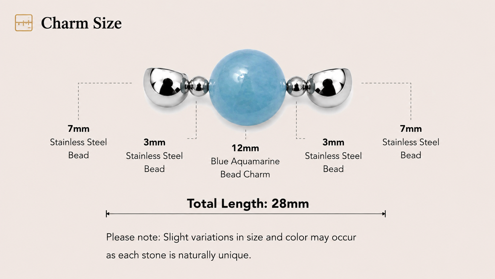 Blue Aquamarine Bead Charm dimensions