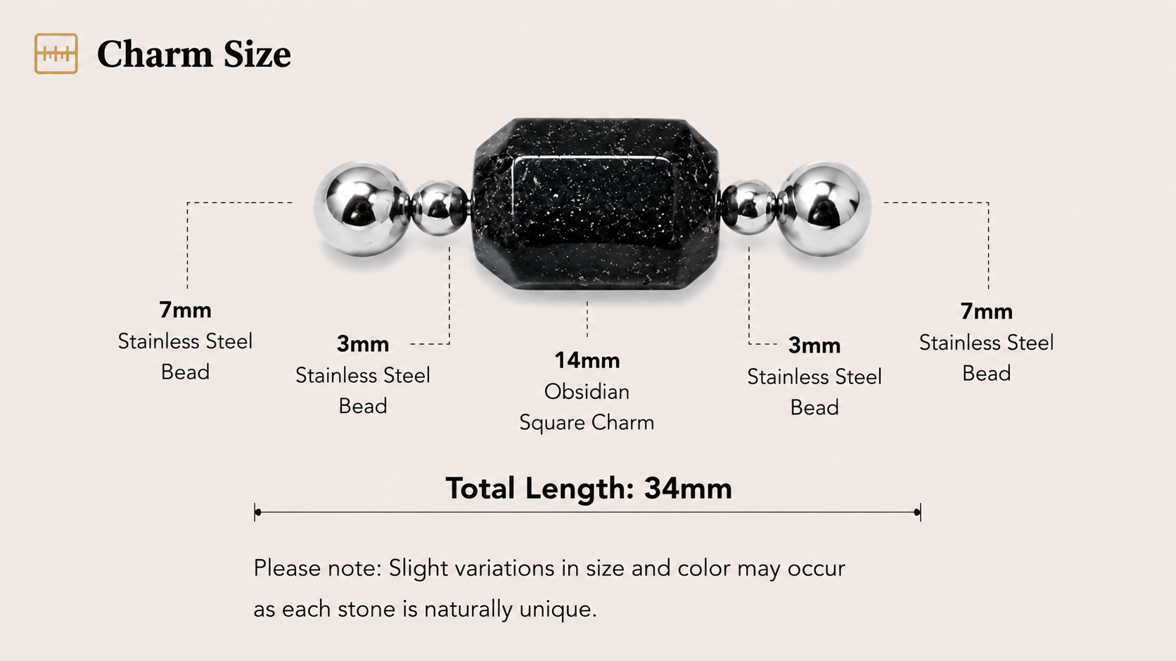 Obsidian Square Charm dimensions