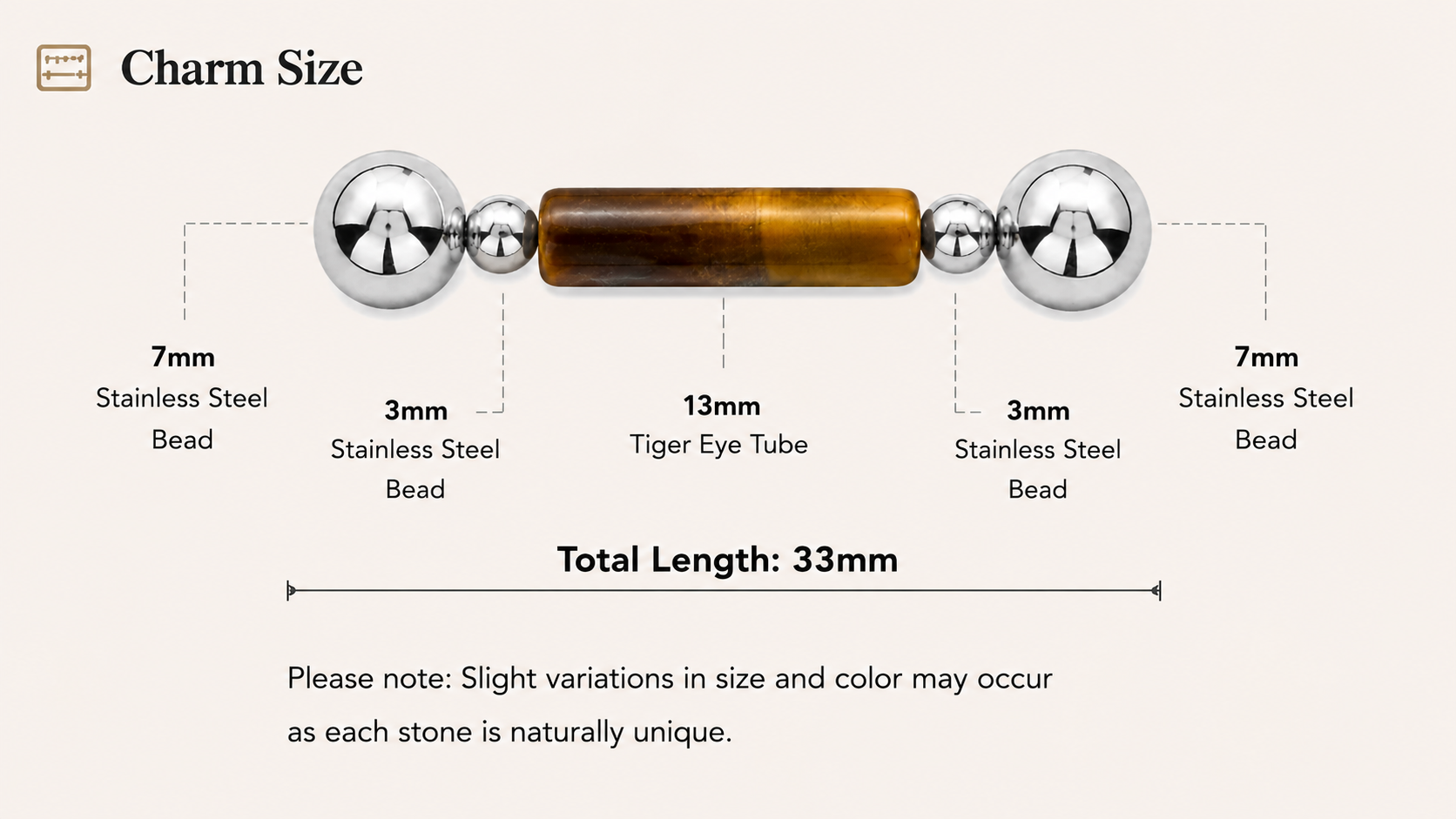 Tiger Eye Tube Charm dimensions